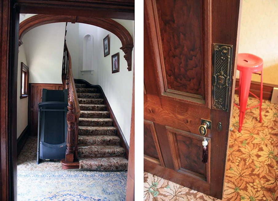 Wodonga. Stairway and newell post (left), and detail of door and door furniture (right)